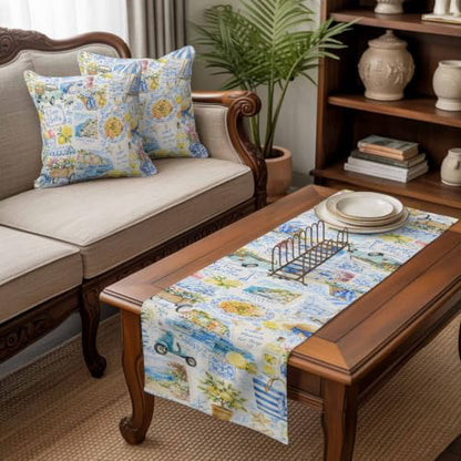 Summer Village Bed Runner & Pillow Cover Set Coastal Blue Lemon Yellow 102"