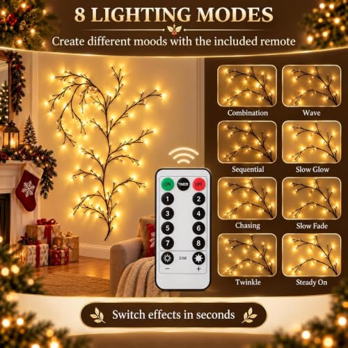 Warm White Enchanted Willow Vine Lights for Wall - 5.9ft, 96 LEDs, Remote Control