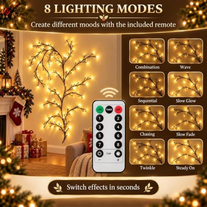 Warm White Enchanted Willow Vine Lights for Wall - 5.9ft, 96 LEDs, Remote Control