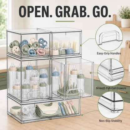 Baby Bottle Organizer 3-Tier Acrylic Storage Drawer Set - 5 Pack
