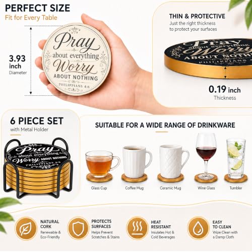 Christian Pray Cork Coasters Set of 6 with Holder - Faith-Based Bible Verse Decor
