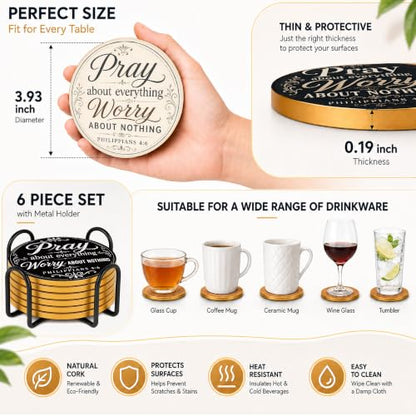 Christian Pray Cork Coasters Set of 6 with Holder - Faith-Based Bible Verse Decor