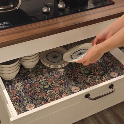 Vintage Green/Red Floral Shelf Drawer Liner 11.8W x 118.1L Non-Slip Organizing Mat