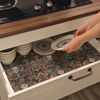 Vintage Green/Red Floral Shelf Drawer Liner 11.8W x 118.1L Non-Slip Organizing Mat