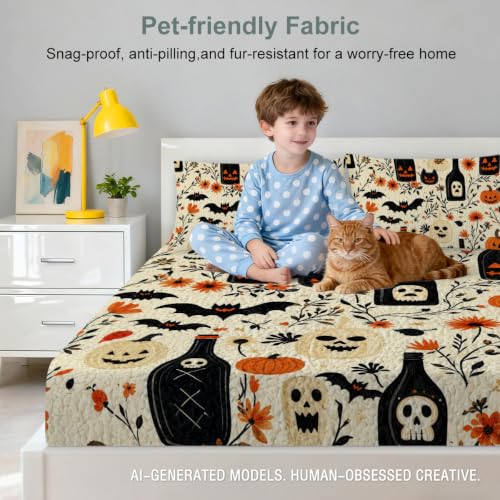 Halloween Fitted Bed Sheet King with Gothic Pumpkin Skull Bats Pattern - Ghost Bottle Pumpkin Variation