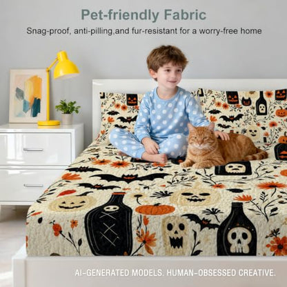 Halloween Fitted Bed Sheet King with Gothic Pumpkin Skull Bats Pattern - Ghost Bottle Pumpkin Variation