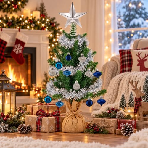 Blue Mini Christmas Tree Set - 2 Ft Tabletop Holiday Decor & Ornaments