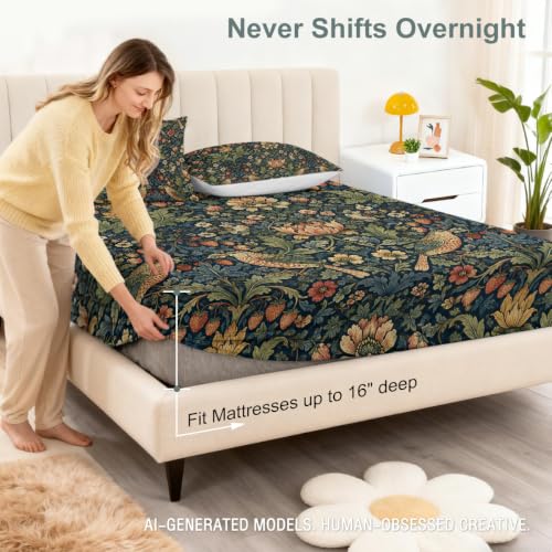Berry Bird Lotus Pattern Floral Fitted Sheet Set King Size with Elastic Edges