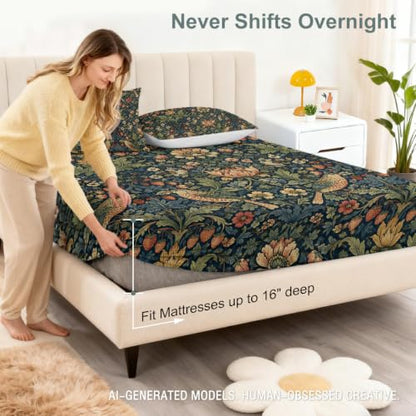 Berry Bird Lotus Pattern Floral Fitted Sheet Set King Size with Elastic Edges