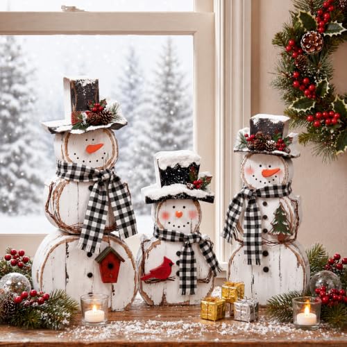 Christmas Snowman Table Decorations Set with Pine Top Hat - Rustic Winter Indoor Decor, 3 Pcs