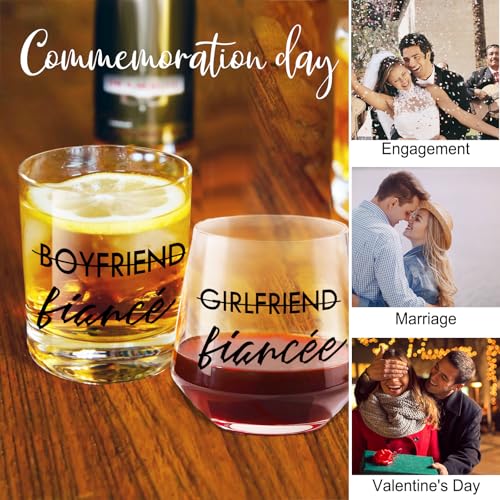 Engagement Gift Set for Couples - 10 oz Whiskey & 12 oz Wine Glasses - Fiancé and Fiancée Variation