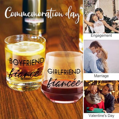 Engagement Gift Set for Couples - 10 oz Whiskey & 12 oz Wine Glasses - Fiancé and Fiancée Variation