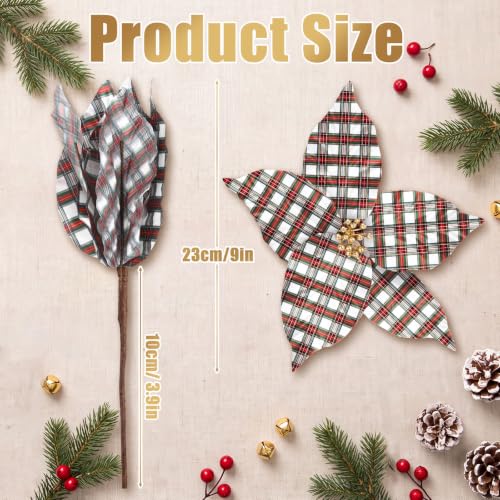 White Plaid Christmas Poinsettia Ornaments - 9 Inch Set of 12 with Gold Beads & Glitter
