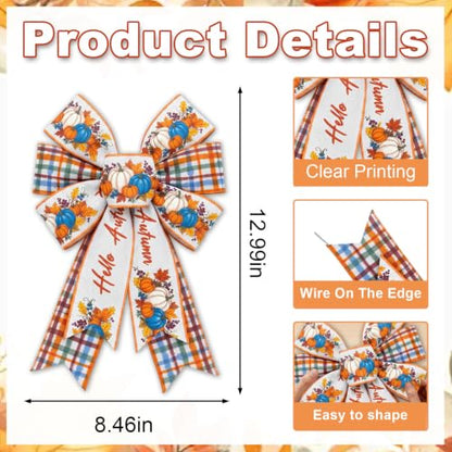 Fall Pumpkin Bow for Wreaths - 2 Pcs Autumn Harvest Farmhouse Decor