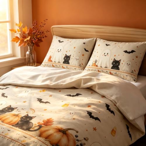 Halloween Duvet Cover Set Queen Black Cat Ghost Pumpkin Border - Whimsical Spooky Season Bedding