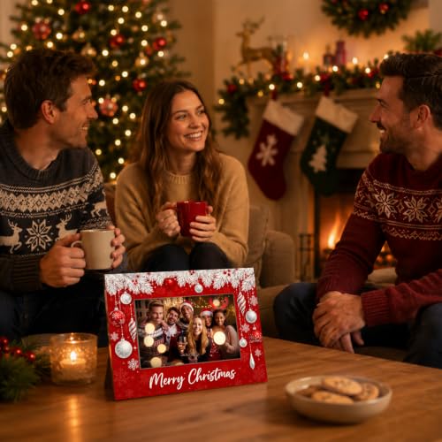Christmas Picture Frame for 4x6 Photos Xmas Ornament Holiday Keepsake - Red Festive Tabletop Decor - A07 Xmas