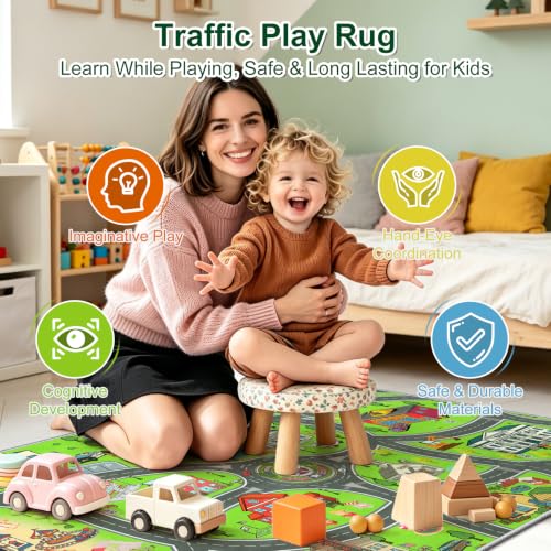 Kids City Road Play Rug 3x5ft Washable Non-Slip Car Play Mat - Green