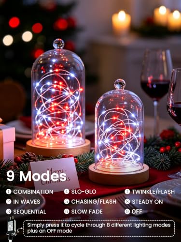 Fairy Lights 2 Pack 99 FT Red & White LED String Lights with 9 Modes, Waterproof