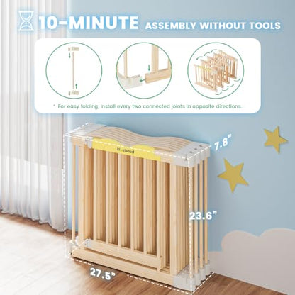 Foldable Wooden Baby Playpen - Natural Pine, 55 x 55 x 24 Inches - Safety Certified, Adjustable Shape, Portable Baby Gate