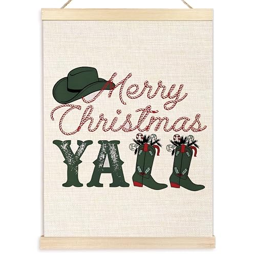Western Christmas Wall Decor - Merry Christmas Y'all Cowboy Boots Wall Art with Wooden Poster Hanger - 12x16 Inches - Variation of 15-wall art-Christmas second