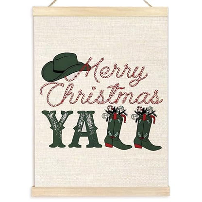 Western Christmas Wall Decor - Merry Christmas Y'all Cowboy Boots Wall Art with Wooden Poster Hanger - 12x16 Inches - Variation of 15-wall art-Christmas second