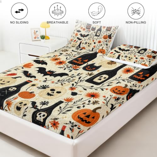 Halloween Fitted Bed Sheet King with Gothic Pumpkin Skull Bats Pattern - Ghost Bottle Pumpkin Variation