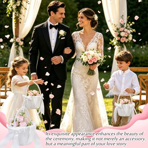 Wedding Flower Girl Baskets & Ring Bearer Pillows Set - Satin & Pearl Handle
