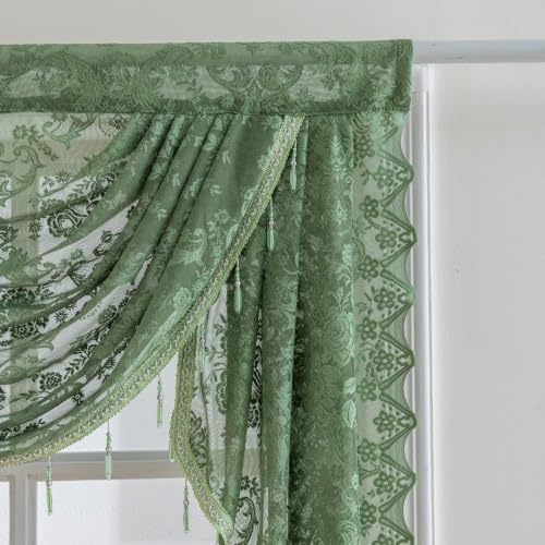 Dark Green Lace Waterfall Window Valance with Beaded Tassels - 59W x 41L