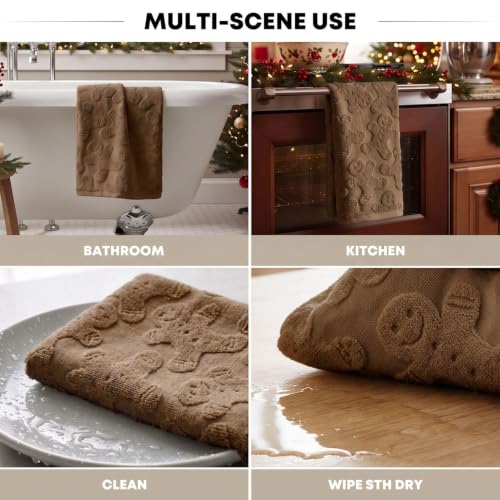 Artoid Mode 3 Pcs Brown 3D Gingerbread Man Jacquard Hand Towels - Christmas Bathroom Decor, 13.7 x 29.5 Inches