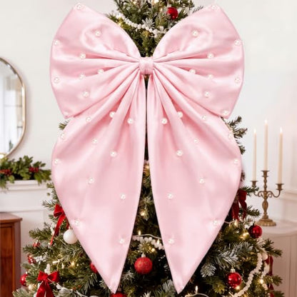 Pink Pearl Bow Christmas Tree Topper - 22 x 12 Inch Satin Holiday Decor