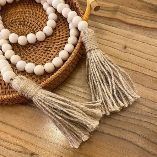 Wood Bead Garland for Farmhouse & Rustic Home Decor - 39 Inch Natural Beads with Linen Tassels