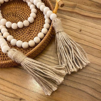 Wood Bead Garland for Farmhouse & Rustic Home Decor - 39 Inch Natural Beads with Linen Tassels