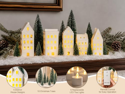 15PCS Lighted Christmas Village Set Ceramic Houses & Trees - Indoor Holiday Decor
