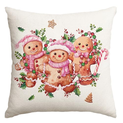 Pink Gingerbread Man Christmas Pillow Cover 18x18 Inch - Holiday Home Decor