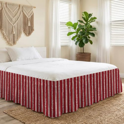 Red Boho Leaves Bedskirt Queen Size 16 Inch Drop Wrap Around Adjustable Dust Ruffle