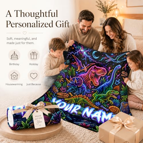 Personalized Dinosaur Blanket for Kids - Black Custom Boy Throw