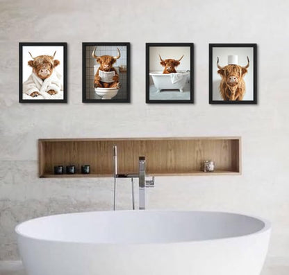 ZXDZSM Highland Cow Wall Art - Funny Bathroom Decor Canvas Prints | Farmhouse Style | 8x10 Inch, Set of 4