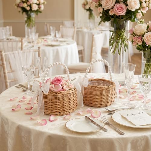 2 Pack Wicker Rattan Flower Girl Baskets with Handle & Linings for Weddings