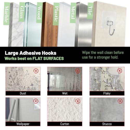 Heavy Duty Adhesive Hooks 33lb Capacity No Drill Wall Mount 10 Pack