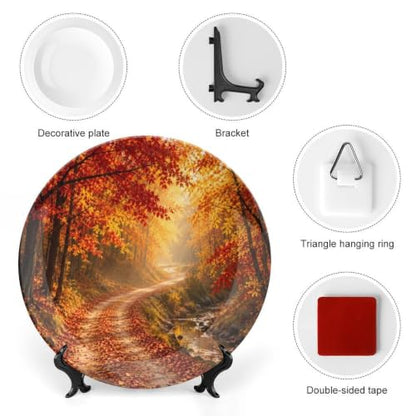 10 Inch Golden Autumn Path Ceramic Decorative Plate with Stand & Wall Hook