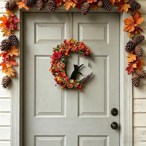 Black Cat Moon Halloween Wreath - Gothic Fall Front Door Decor D