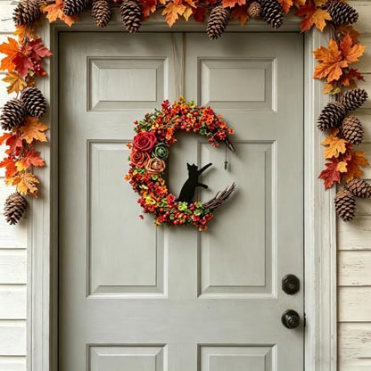 Black Cat Moon Halloween Wreath - Gothic Fall Front Door Decor D