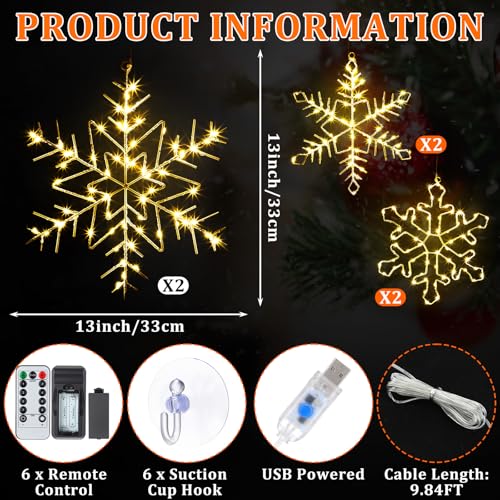 Glooglitter 6 Pack 13-Inch Christmas Snowflake Window Lights - Warm White, USB Powered, 8 Modes
