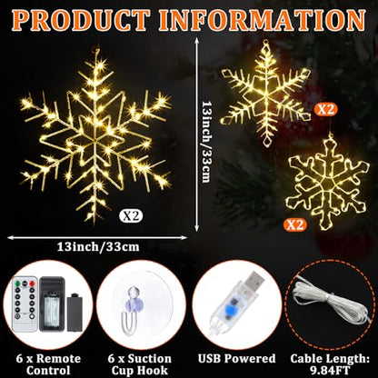 Glooglitter 6 Pack 13-Inch Christmas Snowflake Window Lights - Warm White, USB Powered, 8 Modes