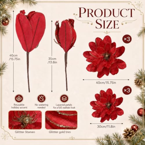 Artificial Christmas Poinsettia Flower Set - Red & Gold, 16 & 12 Inch