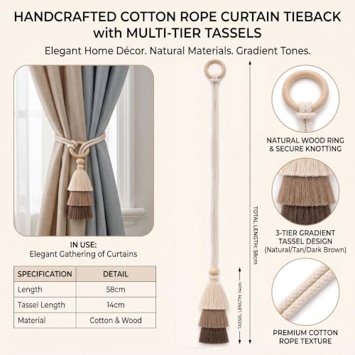 Cotton-Linen Curtain Tiebacks with Tassels - 3 Tone Layered 4 Pack - Natural Decor