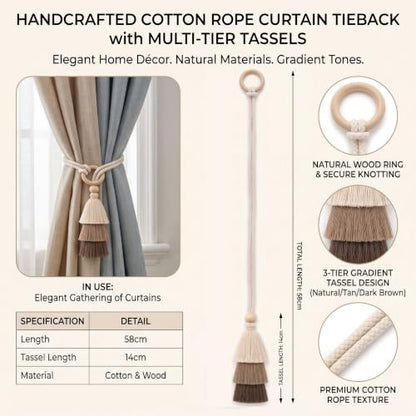 Cotton-Linen Curtain Tiebacks with Tassels - 3 Tone Layered 4 Pack - Natural Decor