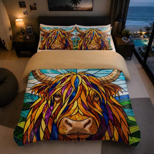 Highland Cow Floral Duvet Cover Set for Farmhouse Bedroom, 16 Queen 90x90in + 20x30in Pillowcases