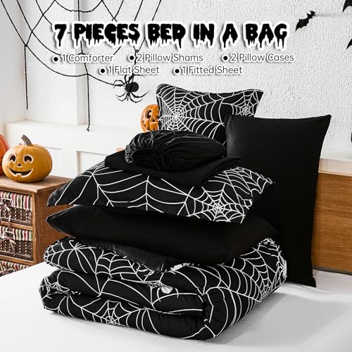 Halloween Comforter Set Queen Size Bed in a Bag with Spider Web Pattern