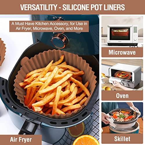 2 Pack Air Fryer Silicone Liners Pot for 3 to 5 QT, Air Fryer Silicone Basket Bowl, Replacement of Flammable Parchment Paper, Reusable Baking Tray Oven Accessories, Brown+Blk, (Top 8in, Bottom 6.75in)